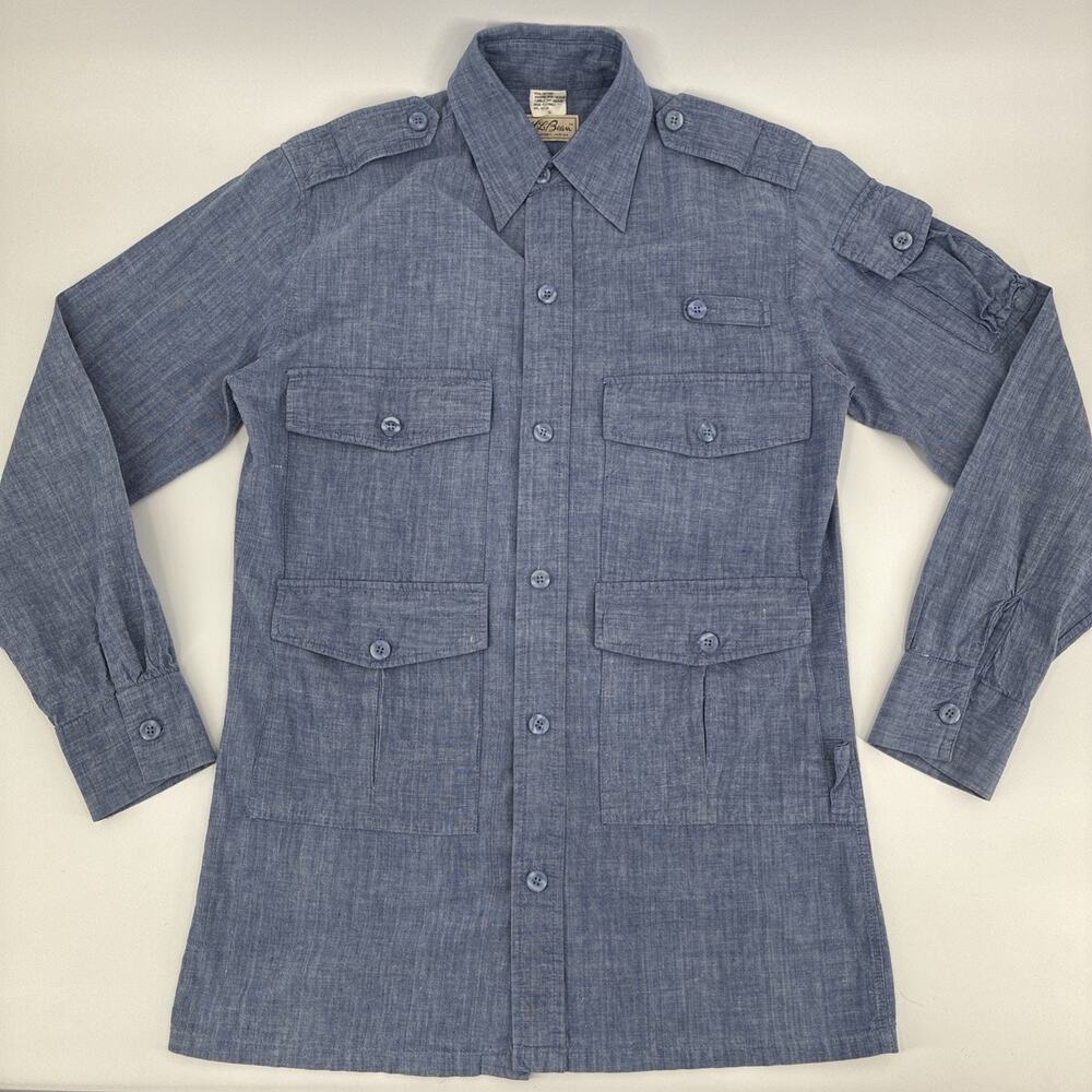 Vintage LL Bean Fishing Shirt Men Small Blue Chambray Hunting Safari 70s